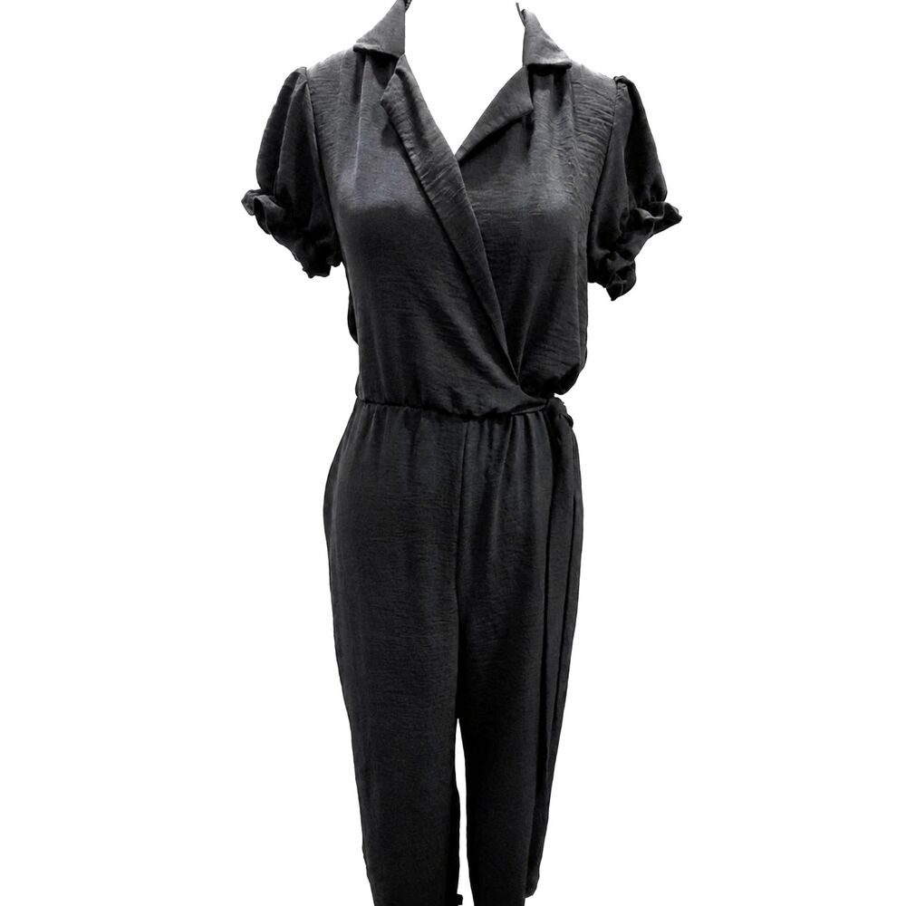 Nevena Rae Black Wrap Jumpsuit Women M Puff Sleeve Tie Waist Minimalist